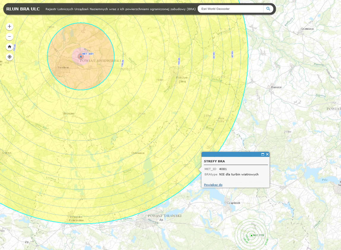 Przejdź do: Rejestr Lotniczych Urządzeń Naziemnych (RLUN) i ich powierzchni ograniczających zabudowę (BRA)