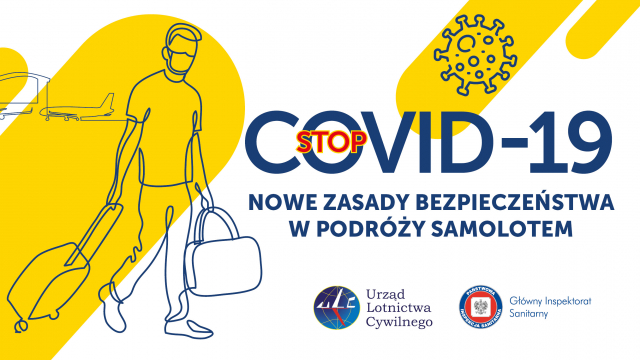 Ulotka w biało-żółtych kolorach. W lewym roku kształt mężczyzny z bagażem. W tle samolot i zabudowania infrastruktury lotniczej. W centralnym miejscu naspis "COVID-19 nowe zasady bezpieczeństwa w podróży samolotem. Poniżej logo ULC i Głównego Inspektora Sanitarnego.