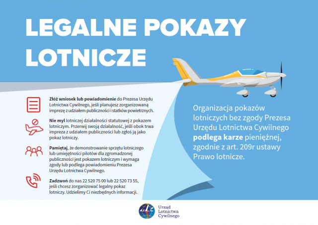 Ulotka z zasadami organizowania pokazów lotniczych. Grafika samolotu z prawej strony ulotki.